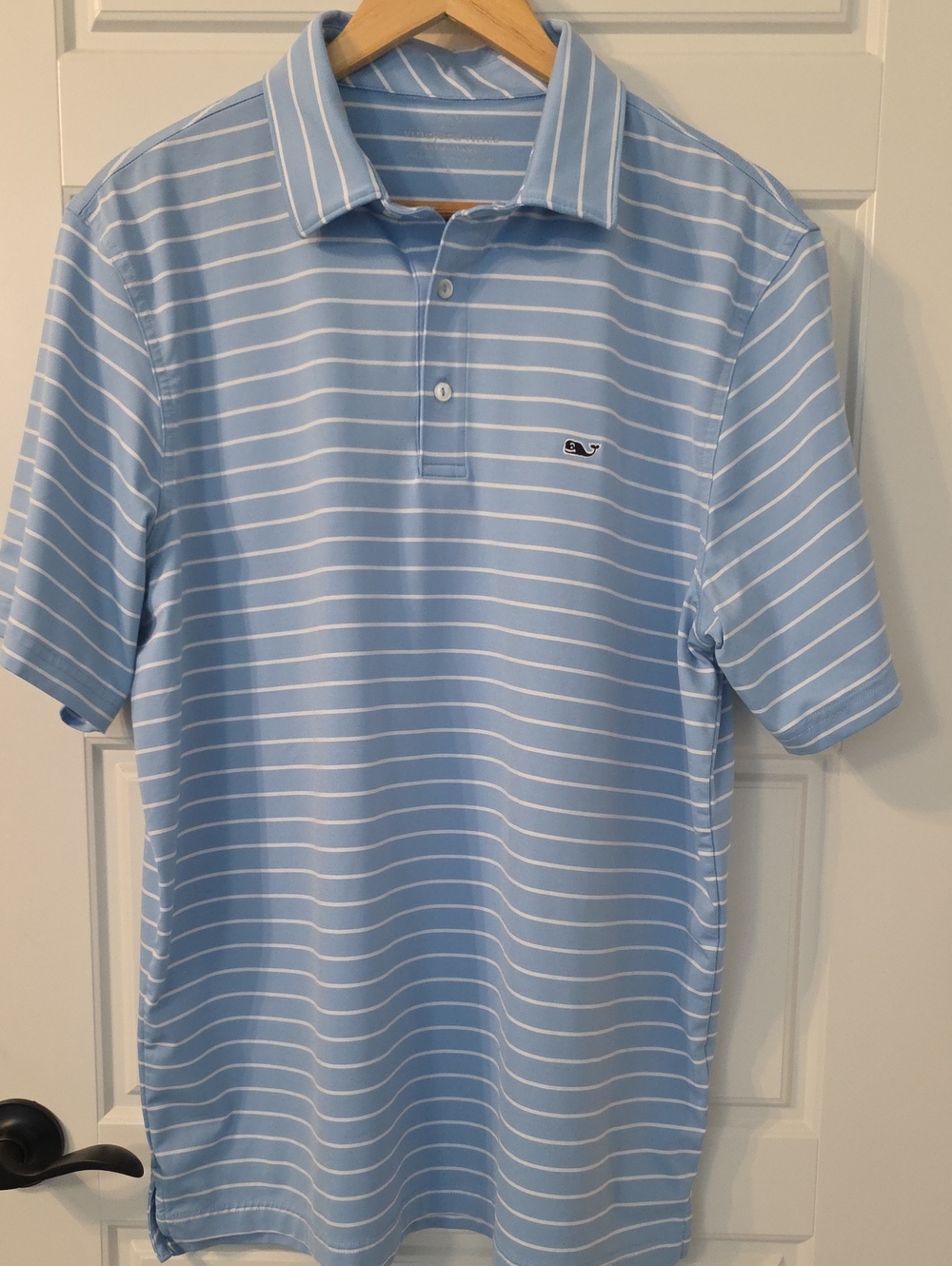 Light Blue Striped Performance Polo Shirt with Whale Logo